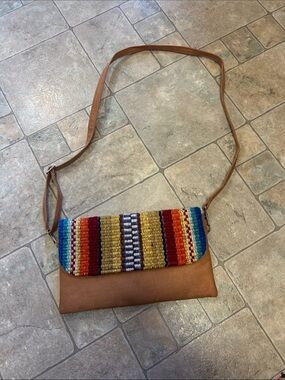 Brown Faux-Leather Crossbody with Multicolor Woven Flap